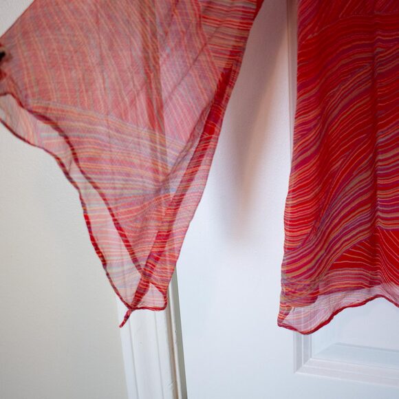 Sheer Red Swirl Silk Blouse Richard Malcolm Bell Sleeve V Neck L | True Spring - Picture 8 of 9